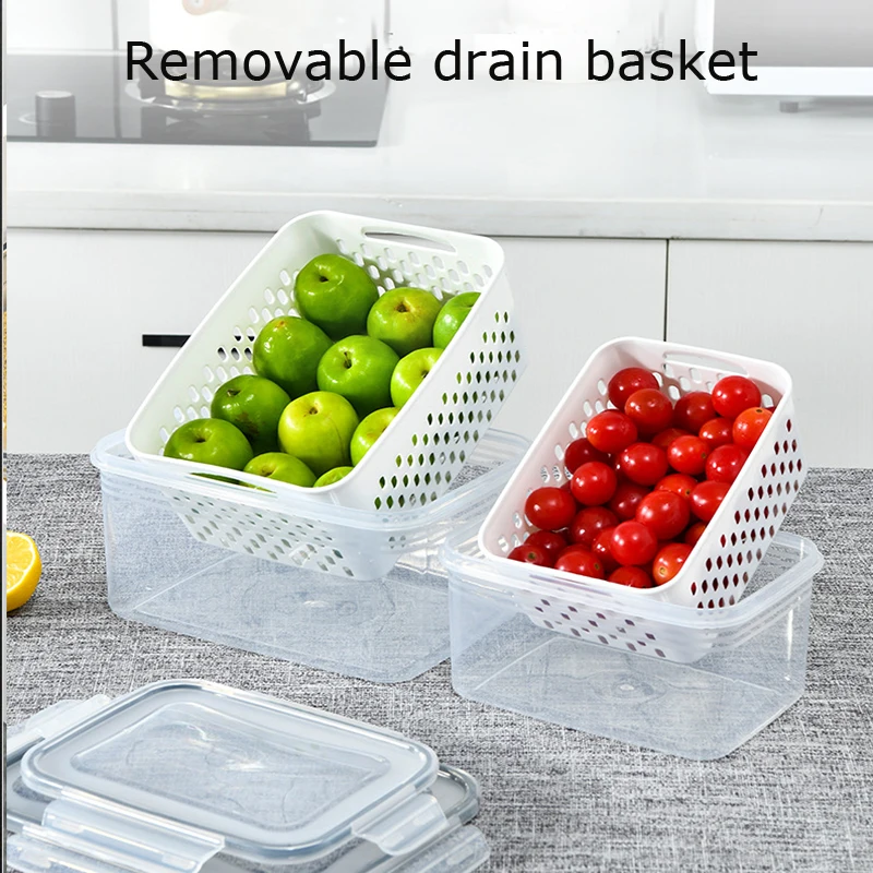 High Capacity Sealed Vegetables Fruits Crisper Double-Layer With Drain Basket With Cover Kitchen Refrigerator Storage Box