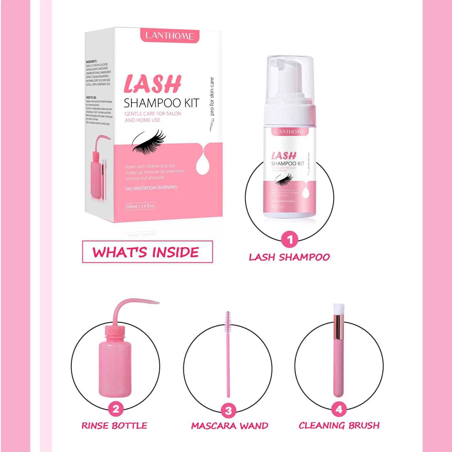 Set shampoo per ciglia da 4 pezzi, idratante, per la pulizia dell'effetto crespo, per la pulizia delle ciglia, balsamo levigante a lunga durata