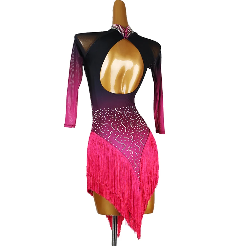 새로운 라틴 댄스 의상 라인 석 여성 의류 맞춤 로즈 레드 다이아몬드 술 그라디언트 색상 삼바 공연 드레스 507