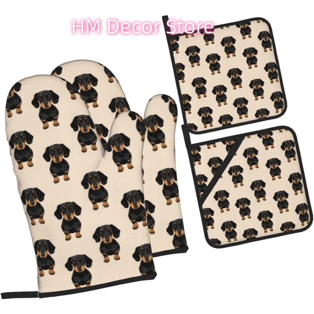 

Dachshund Weiner Dog Oven Mitts and Pot Holders Sets of 4, Heat-Resistant Hot Pads Non-Slip BBQ Gloves for Kitchen Baking Cookin