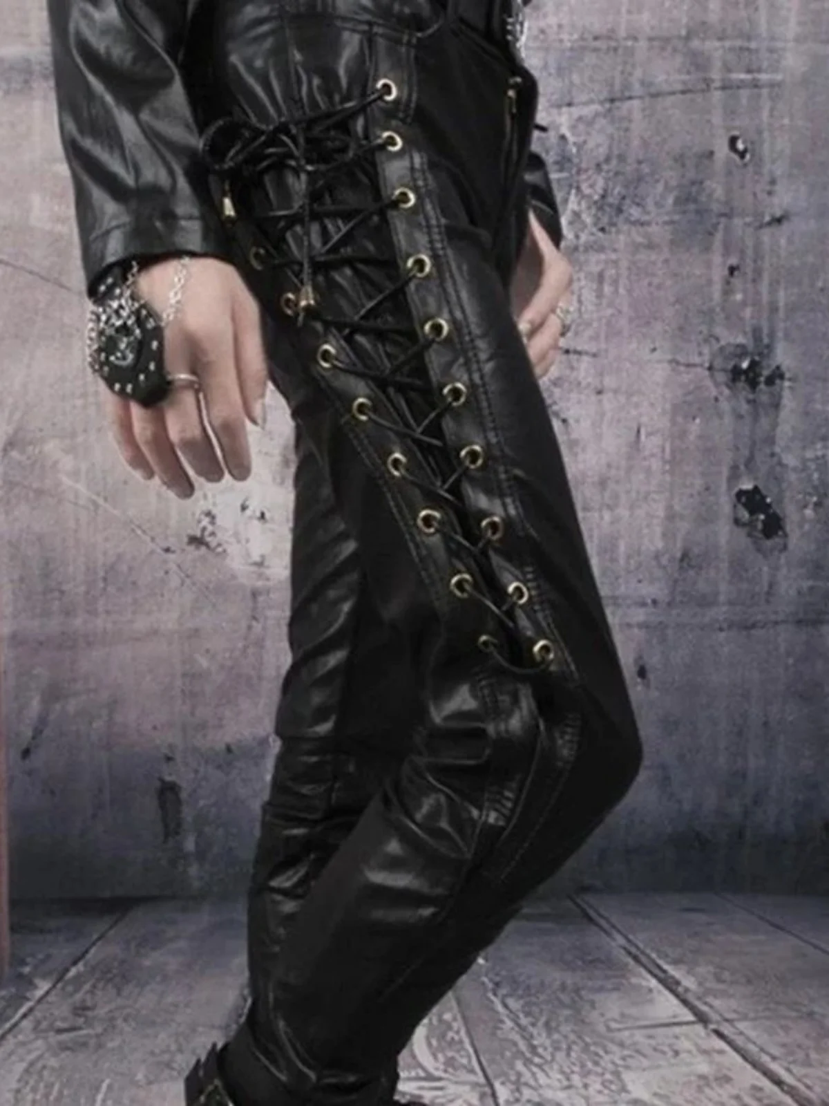 

Casual Men's Pure Color PU Strap Pants Straight Leg Button Waist Long Youthful Autumn Season Basic Color European Sle