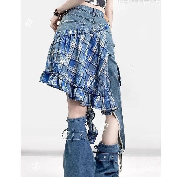 American Street Vintage Blue Personality Ruffles Splicing Plaid Apron Girls Summer Chic Star Prints Irregular Denim Shorts Set