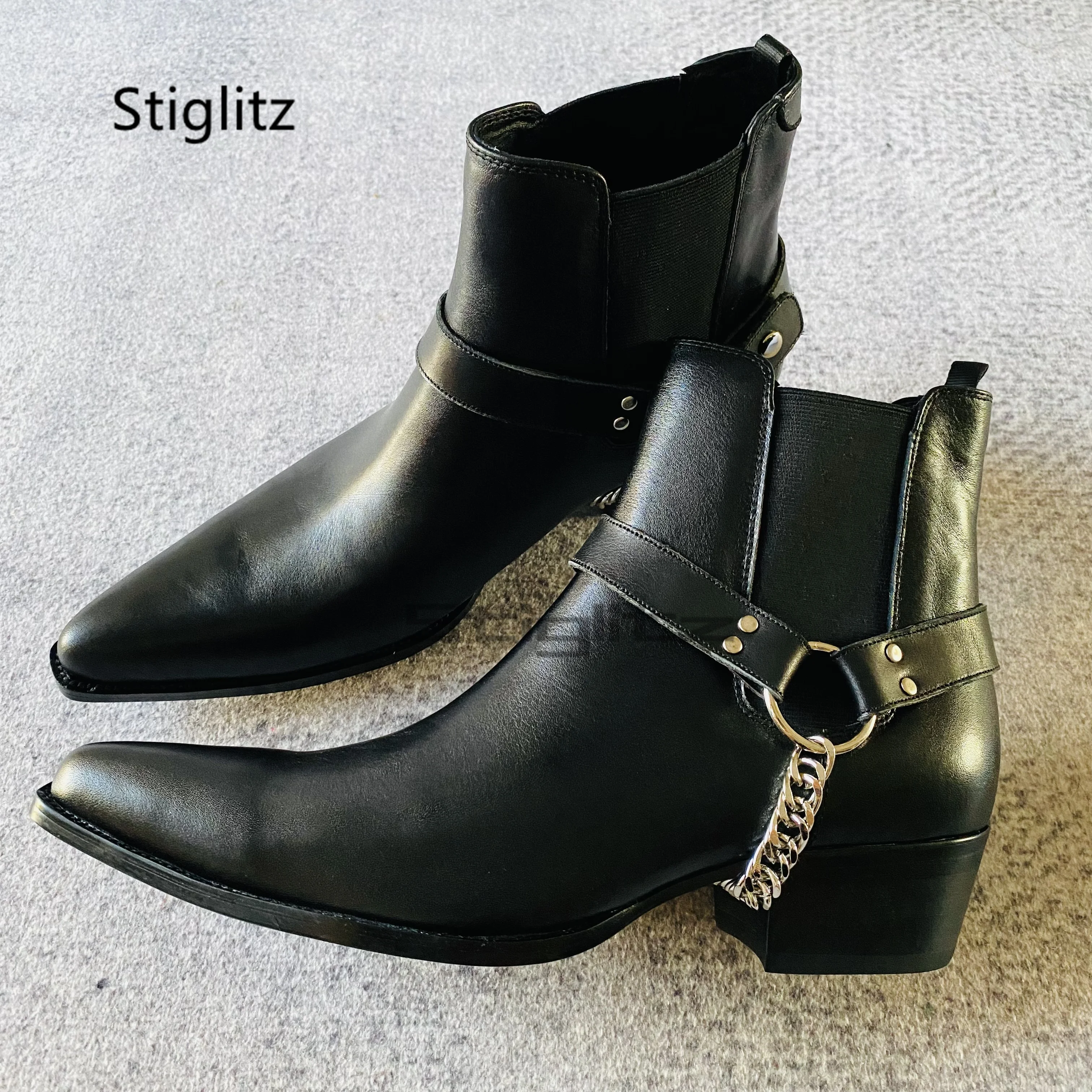 أسود جلد طبيعي سلسلة الأحذية للرجال أشار تو الانزلاق على ميد الكعوب حذاء من الجلد اليدوية مطاطا الأعمال فستان الأحذية #1