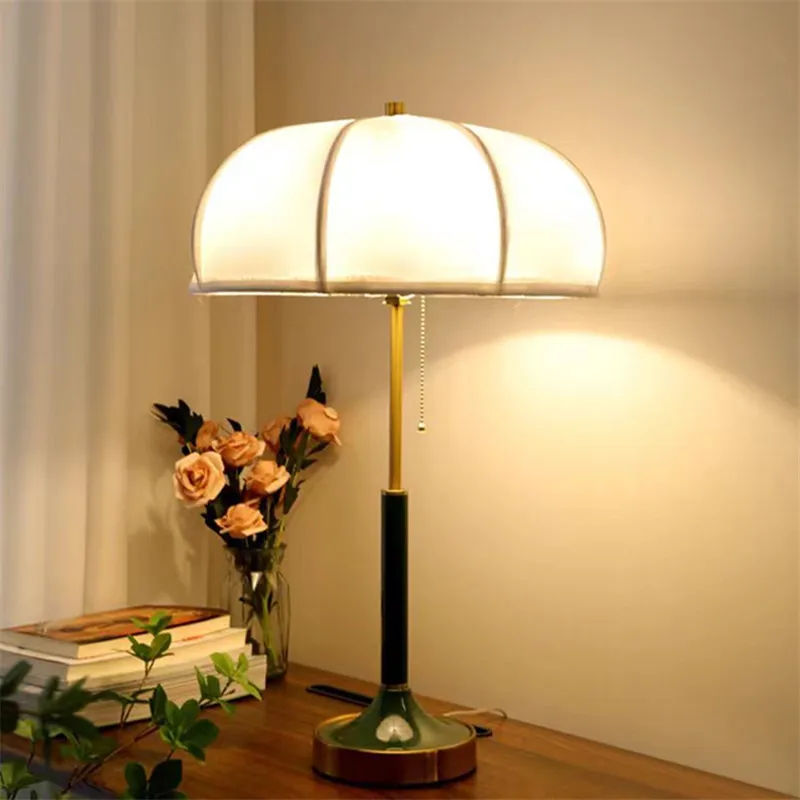 Nanyang Retro Table Lamp with Metal Base umbrella fabric lamp room Decorative Night Light bedroom beside office green Desk Lamp