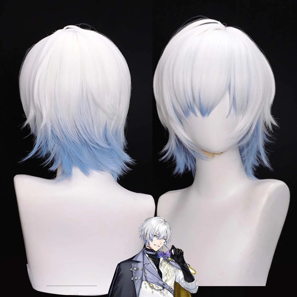 Мужской парик Nijisanji EN Kaelix Debonaircos для косплея, короткий, белый с синими вкраплениями, из термостойкого волокна