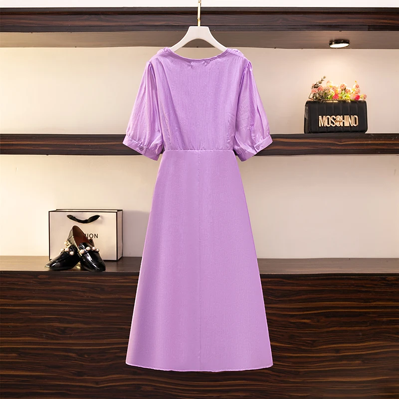 Plus-size Women\'s Summer Casual Lyocell Fabric Dress Comfortable Breathable Party dress Lace embellished purple maxi dress