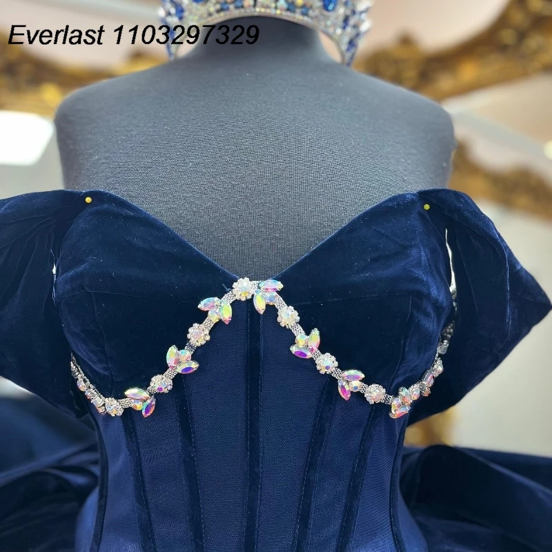 EVLAST Customized Navy Blue Quinceanera Dress Ball Gown Velvet Crystals Beading Tiered Sweet 16 Vestidos De 15 Anos TQD891