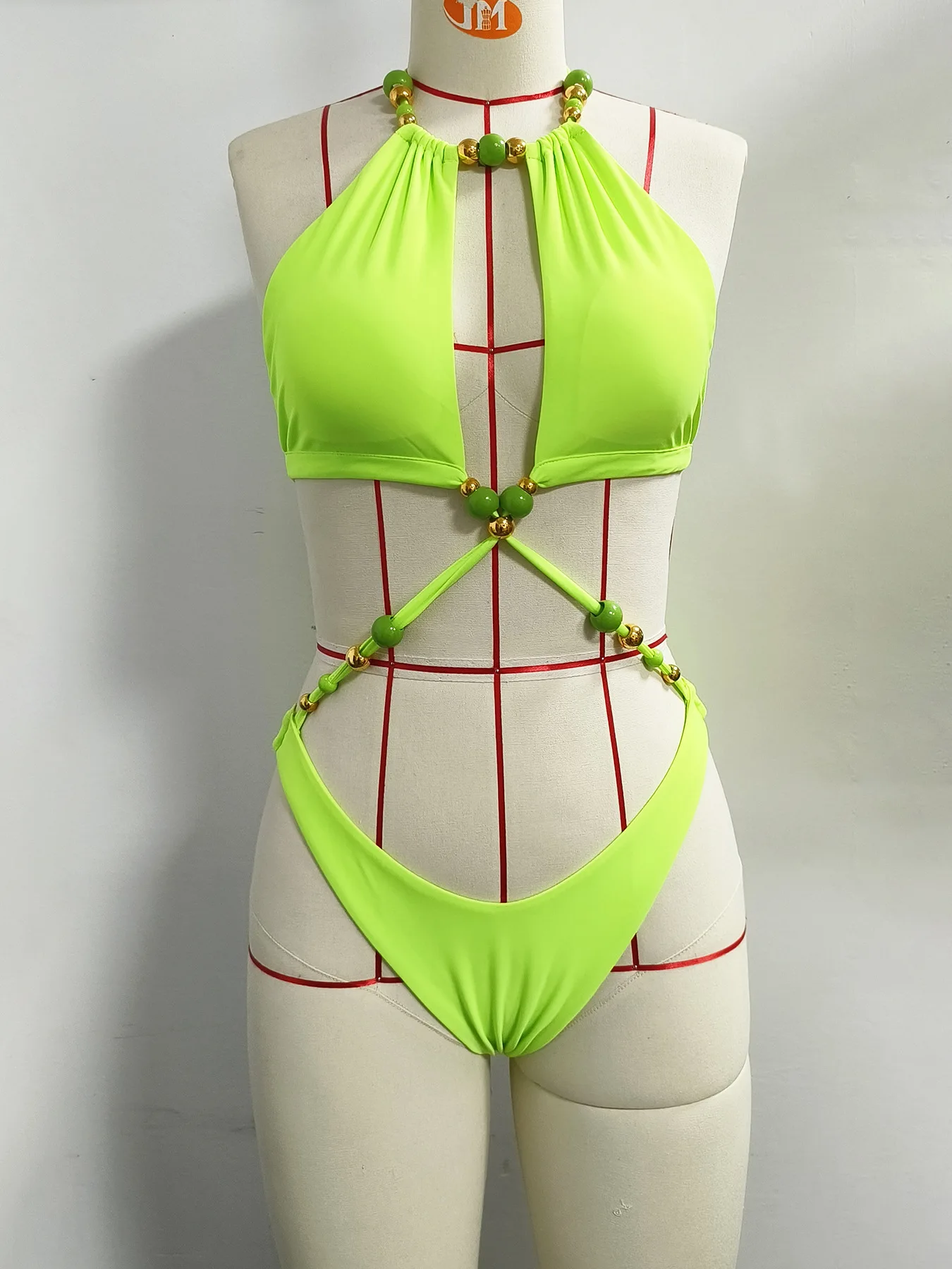 sexy beads plain hollow out swimsuits one piece halter tie bikinis Swimwear bathing suit beach outfits bodysuits tankini biquini