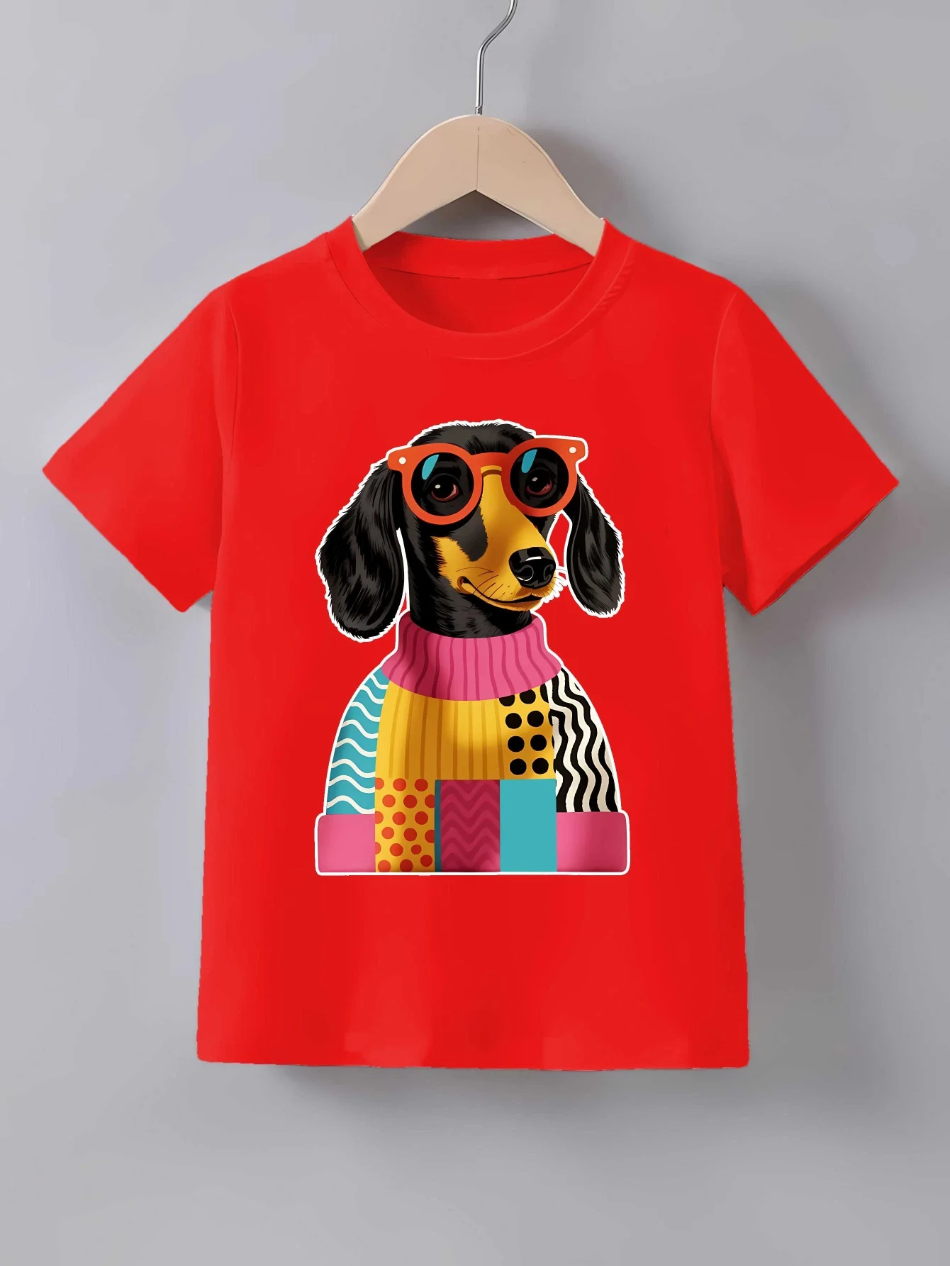 Sunglasses Dachshund Colorful Sweater Print T Shirt Family Matching Outfit Boys Girls Kids Short Sleeve Dog Children Daily Tees