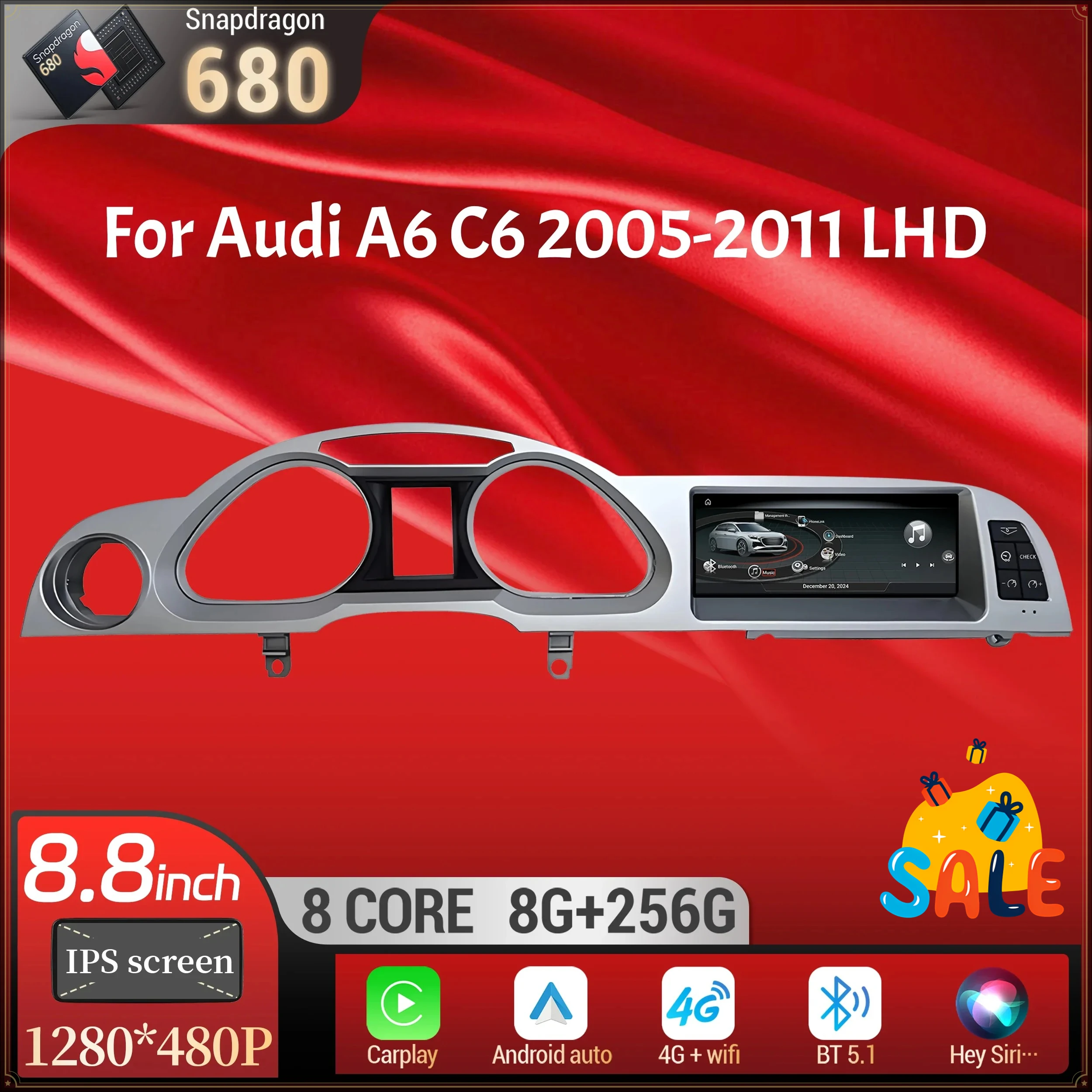 8.8 inch For Audi A6 C6 2005-2011 Left Hand Drive Android 14 Car Radio Wireless BT Carplay Qualcomm Snapdragon 680 Touch Screen