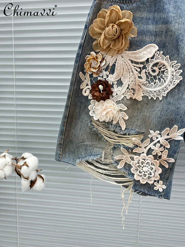 Heavy Flower Decoration Ripped Denim Shorts Women's 2025 Summer New Fashion High Waist Loose Versatile Girls Wide Leg Pants