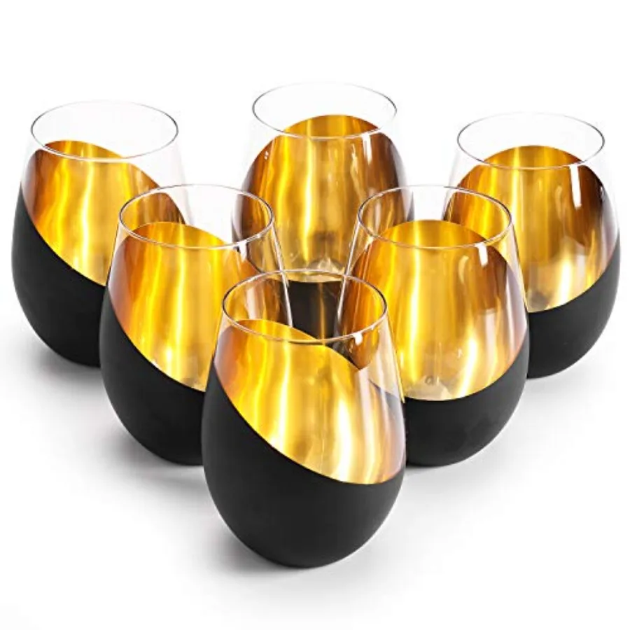 

Modern Matte Black and Gold Tilted Design Steml Wine Glasses Tumblers - 18 oz, Set of 6