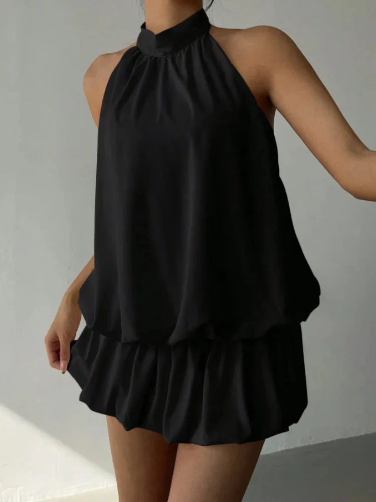 European Kawaii Spice Girl Solid Color Sleeveless Pleated Fluffy Skirt Pure Backless Lace Up Strapless Short Summer Party Dress