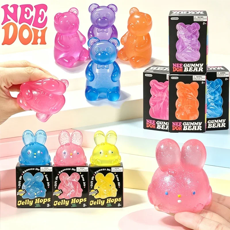 Needoh Gummy Bear Jelly Bunny TPU Fidget Toy Multicolored Stretch for Anxiety Relief Emotional Release Pocket Size Squeeze Toy