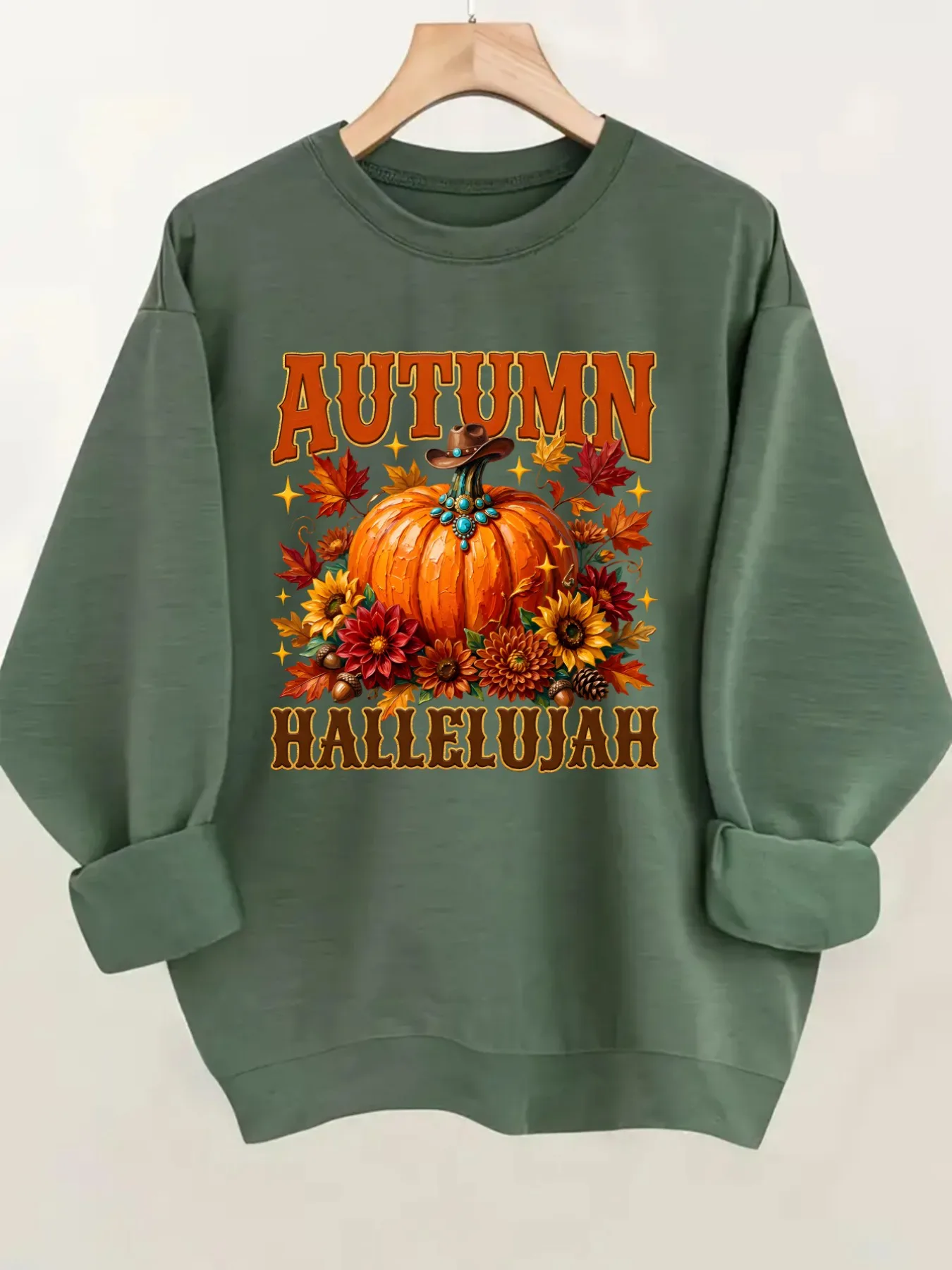 Women's Crew Neck Pullover Sweatshirt Autumn Pumpkin Hallelujah Design, Soft Casual Long Sleeve, Daily Casual Top Outfit, Winter Women's Clothing, Thanksgiving Outfit