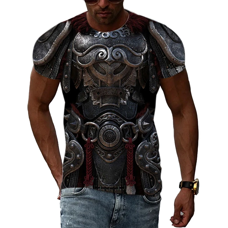 European Medieval Samurai Armor 3D HD Simulation Harajuku Printed Macho Must-Have Hip-Hop Original Round Neck Short-Sleeved Tees