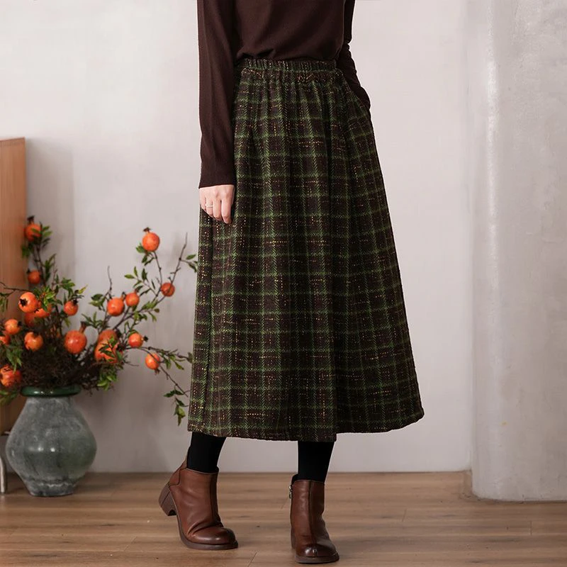 Lucyever Vintage Plaid Thicken Winter Skirts for Women 2023 Autumn High Waisted Long Woolen Skirt Women Elegant A-Line Skirts