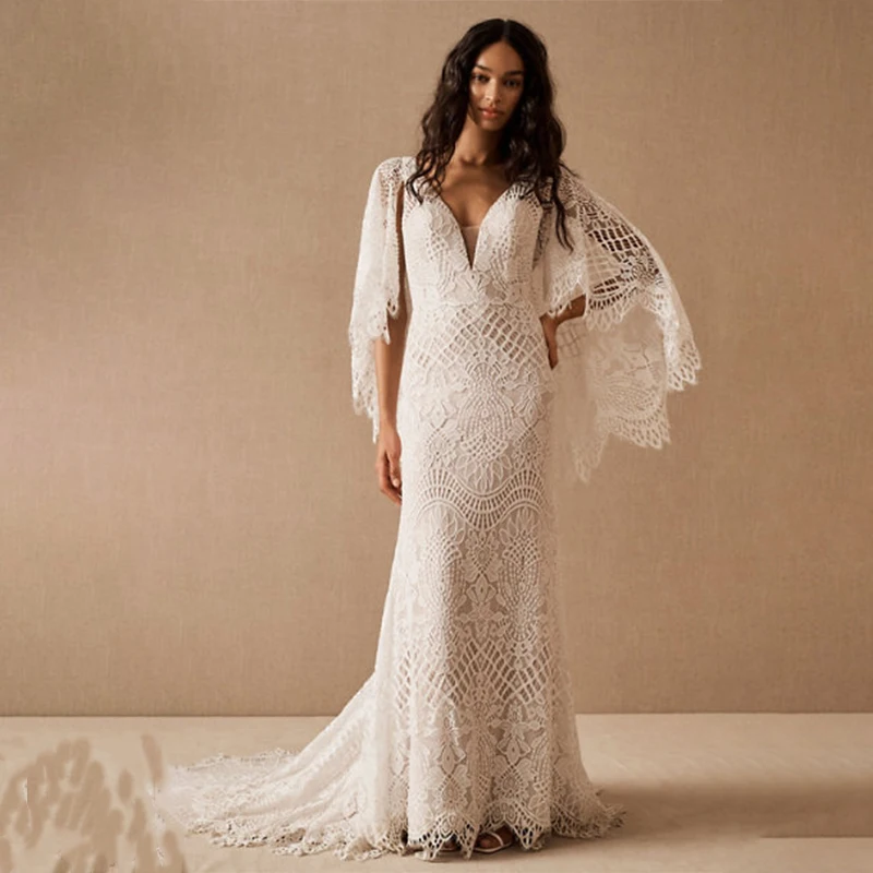 Long Batwing Sleeves  Lace Wedding Gowns Plus Size Criss Cross Custom Made Mermaid Boho Outdoor V Neck Bridal Dress