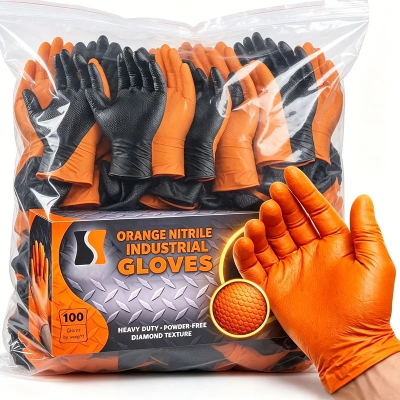 8 Mil Orange Nitrile Gloves 3D Raised Diamond Texture-Latex & Powder Free-Industrial Mechanic