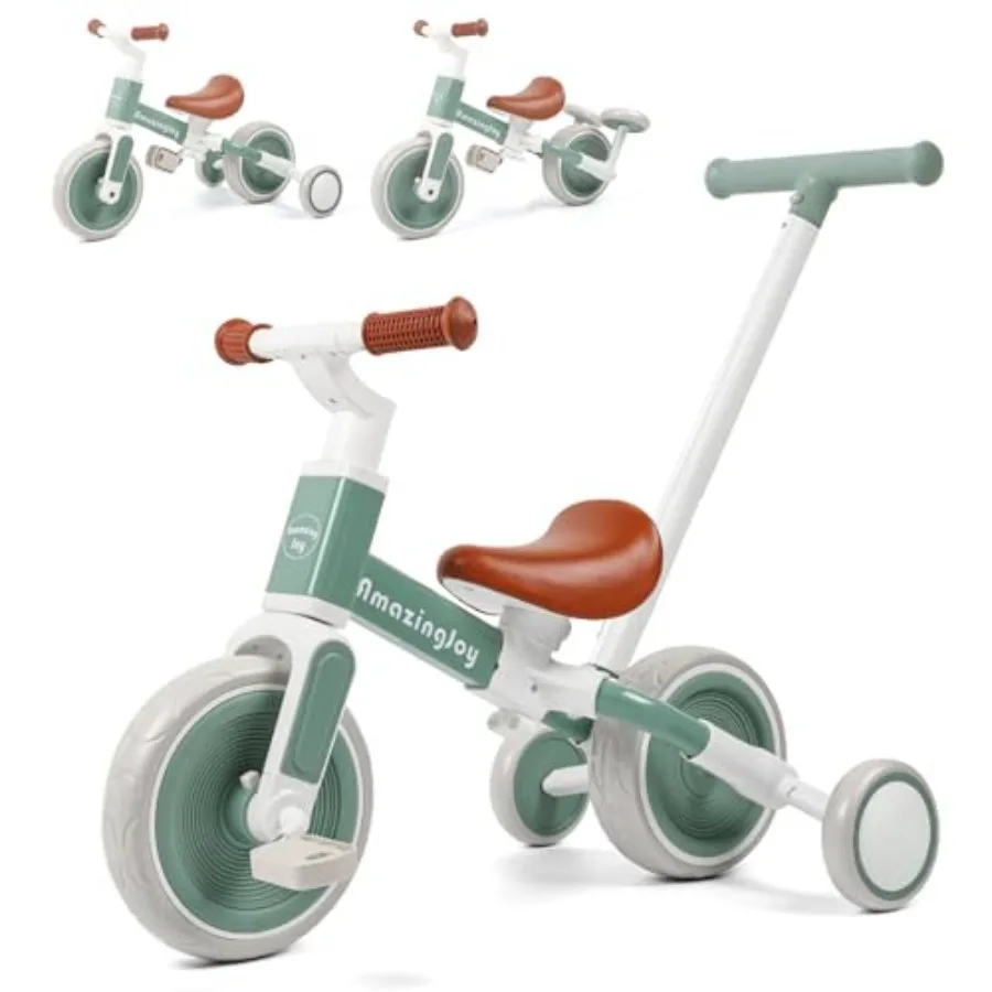 

6 in 1 toddler tricycle for 1-3 years old: brown balance bike with handlebar push trike, removable pedal, adjustable seat, ligh