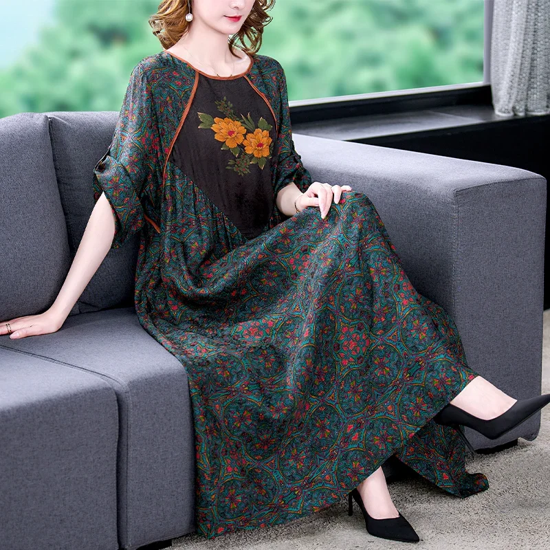 

Floral Mulberry Silk Maxi Dress Women Korean Vintage Evening Dress Summer Elegant Loose Wasit Plus Size Party Dress JJ14