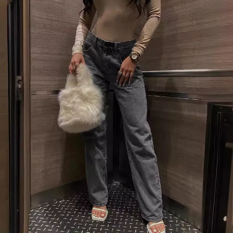 جينز نسائي عالي الخصر متعثر نحيل مستقيم الساق جينز بلون سادة بلمسة نهائية متعثرة بأزرار وسحاب #4