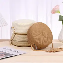 1PC Okrągła słomiana torba damska Tkana torba plażowa Crossbody dla pań Urocza rattanowa ręcznie robiona dzianinowa torebka w cukierkowym kolorze Mała torebka na ramię