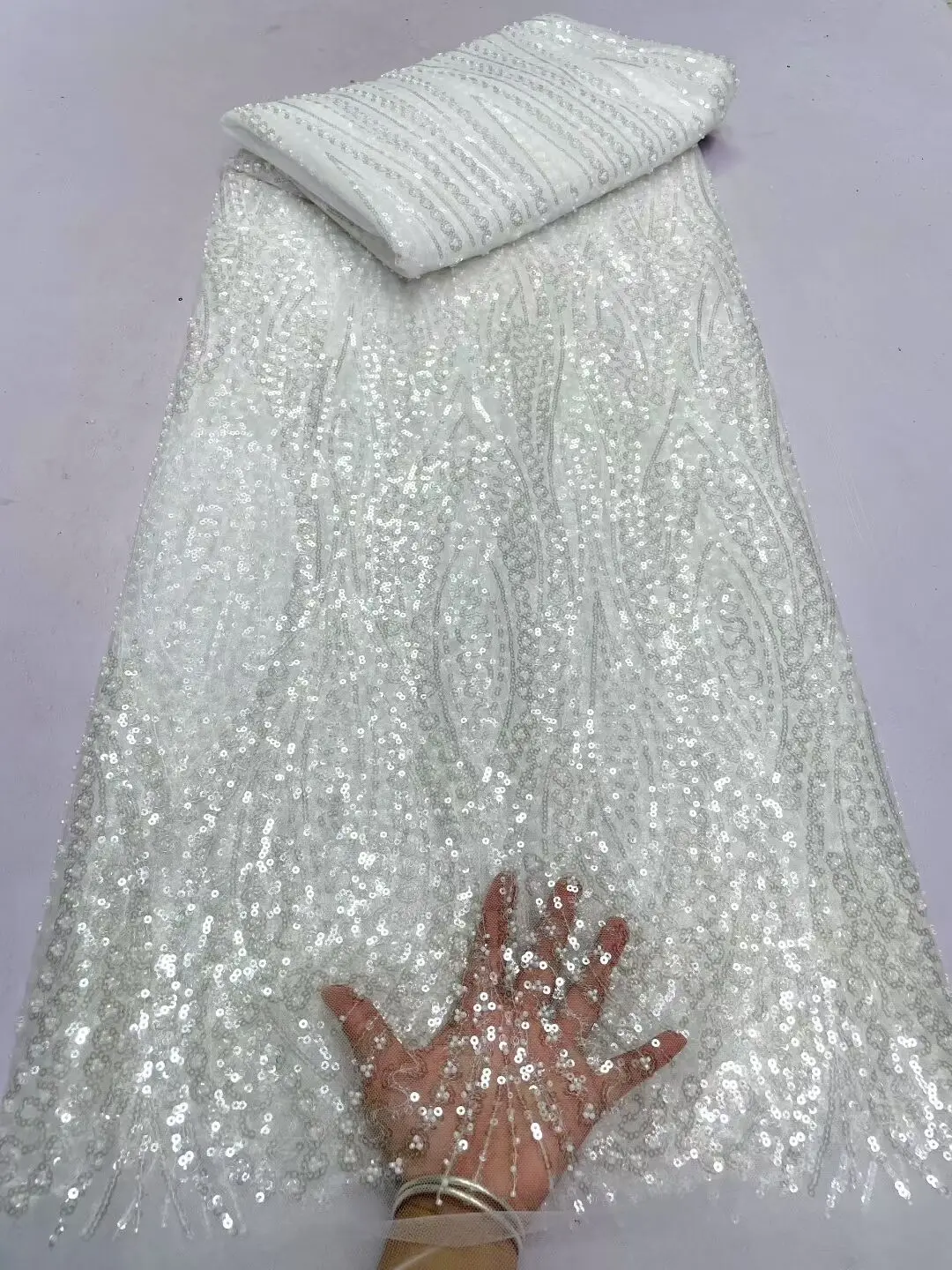 New Design Luxury African Nigerian Tulle Fabric 2025 High Quality French Beaded Sequins Embroidery Lace Fabric For Wedding Sew