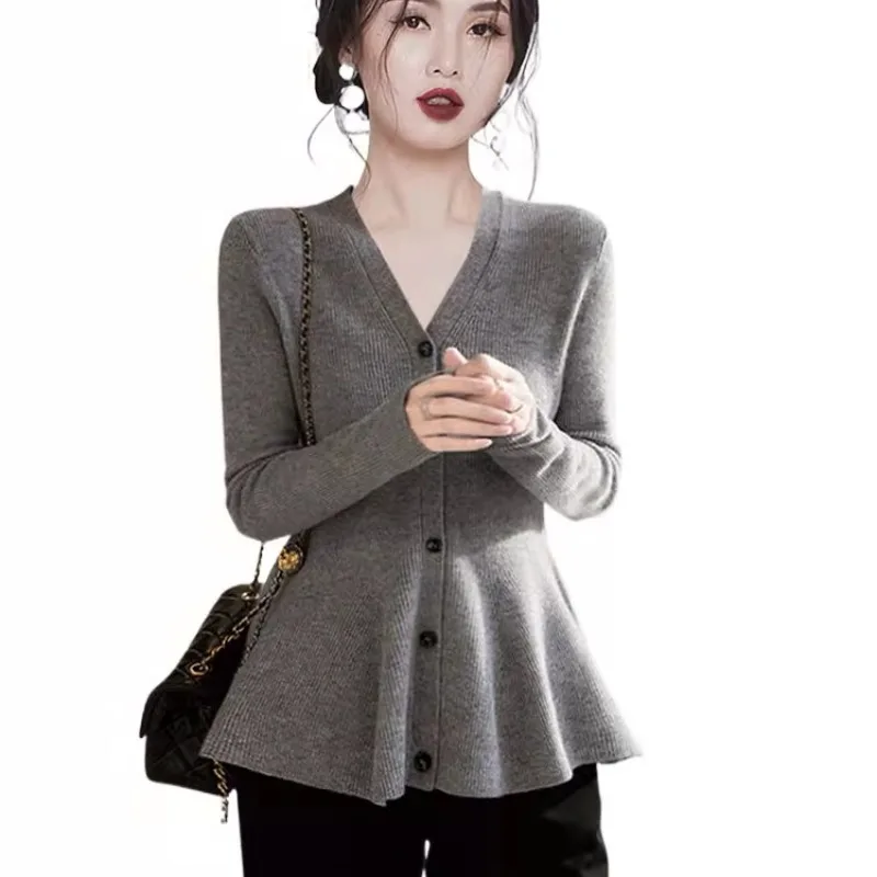 

Autumn Winter V-neck Temperament Elegant Simple Sweaters Women Clothing Fashion Solid Soft Wool Knitted Cardigan