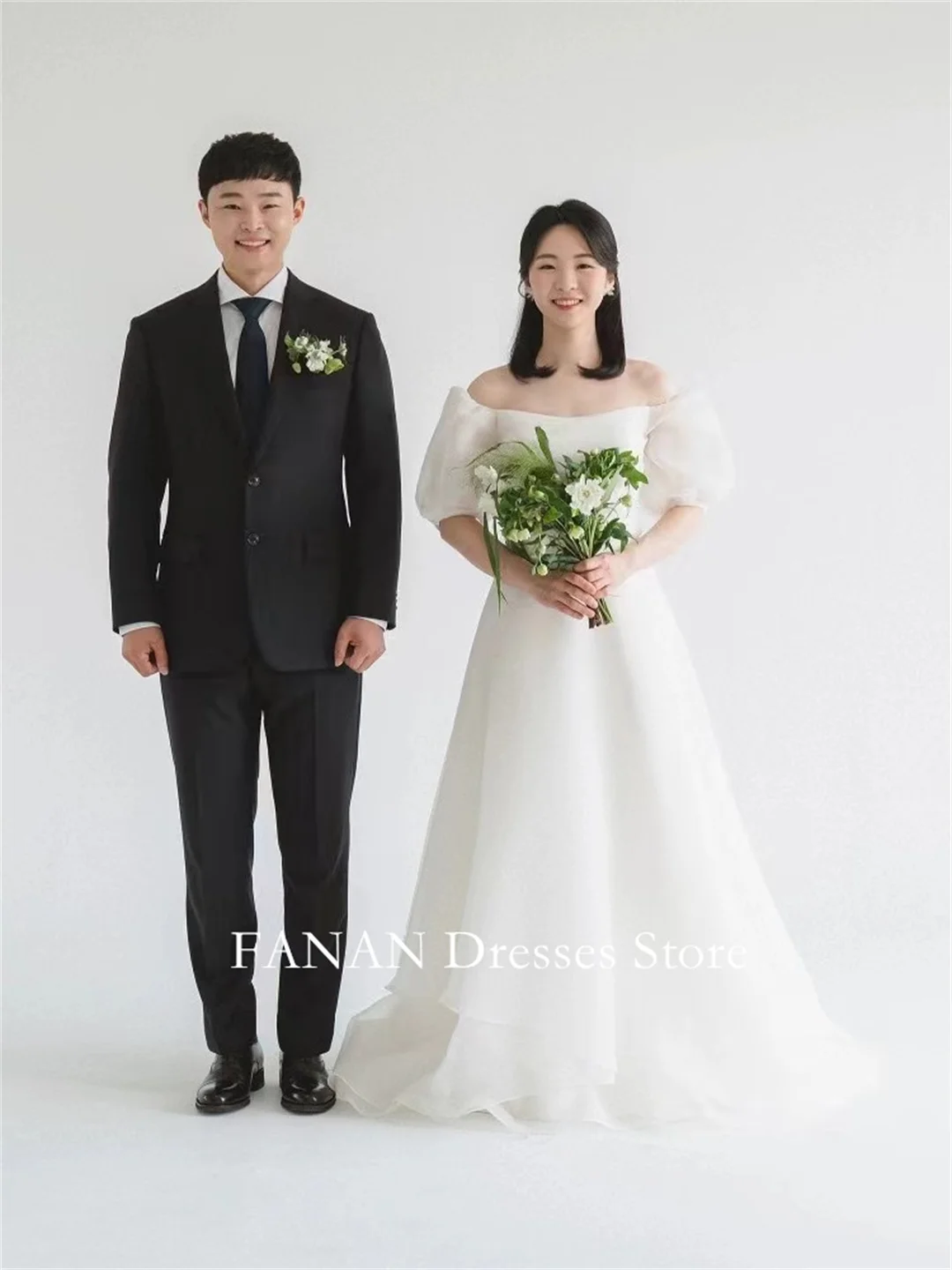 

FANAN Square Collar Sweep Train Korea Ivory Organza A-Line Wedding Dresses 웨딩드레스 Custom Made Pretty Bride Gowns Plus Size