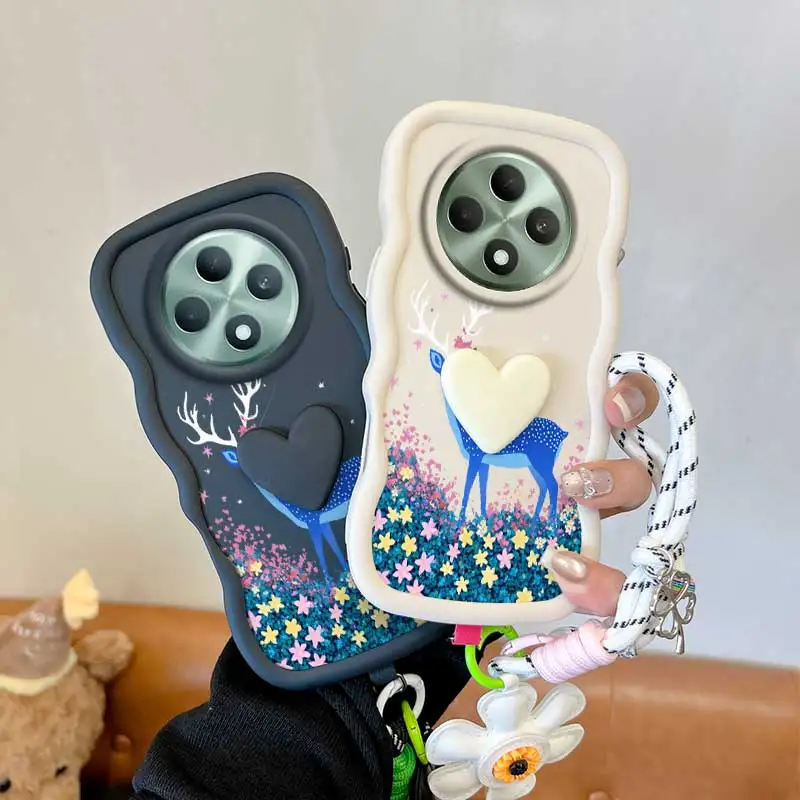 3pcs( Mysterious Deer phone Case+Lanyard+Craft Embellishments) For OPPO Reno12F/Reno14F/Reno12Pro/Reno13/Reno15F Phone Case