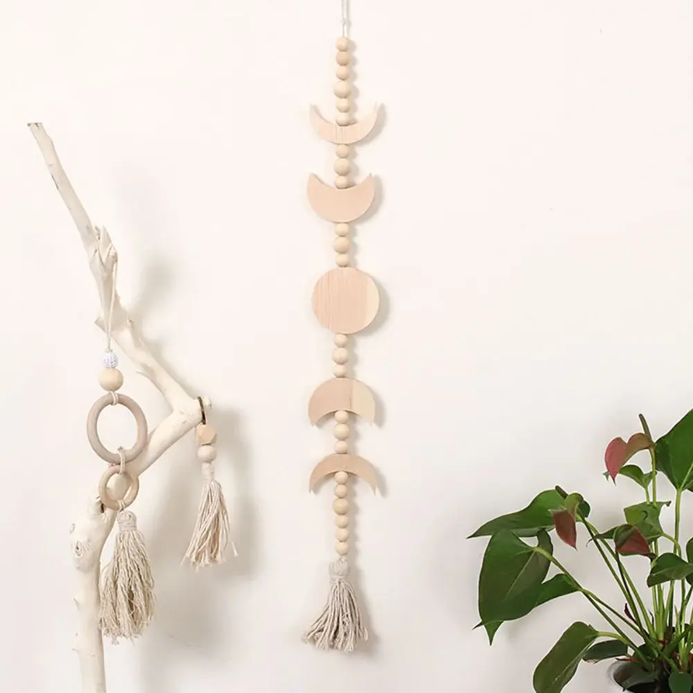 Wooden Star Moon Phase Wall Hanging Bohemian Home Decoration Wood Bead Moon Phase Wall Fringe Hanging Home Wall Decoration