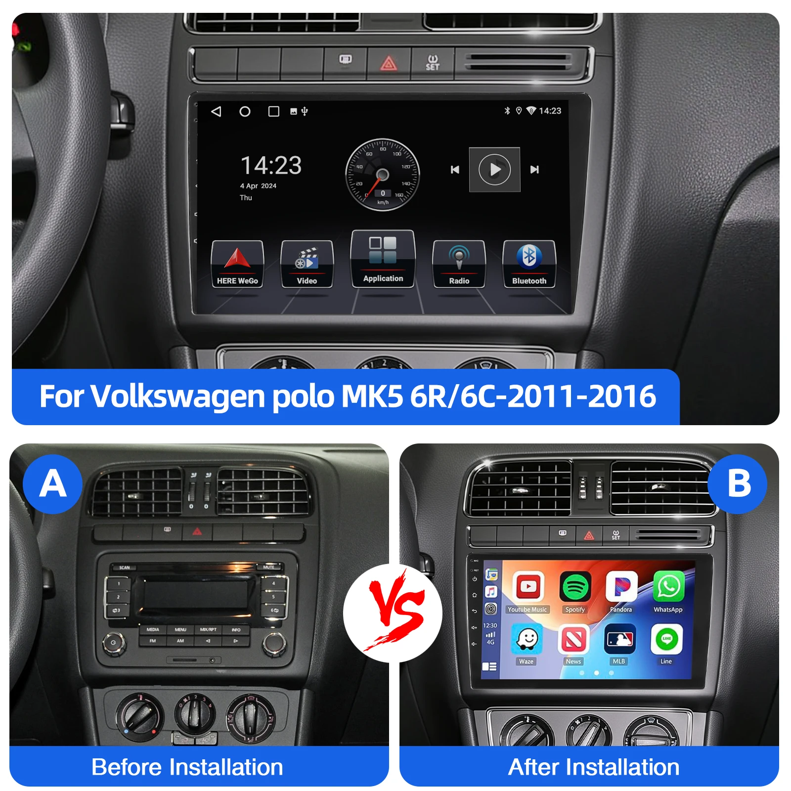ESSGOO Pantalla táctil de 9 pulgadas Carplay inalámbrico Android Auto Radio de coche Reproductor multimedia Navegación GPS WIFI SWC BT FM RDS Para VW Polo 6R 6C 2009-2017 Android14 Mirror Link Pantalla dividida 32G/64G 3