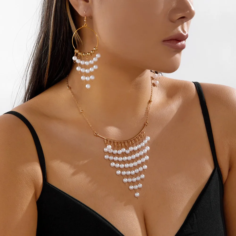 Luxury Romantic Triangle Waterfall Imitation Pearl Multi Layer Tassel Earrings Necklace for Women Banquet Stackable Jewelry Sets