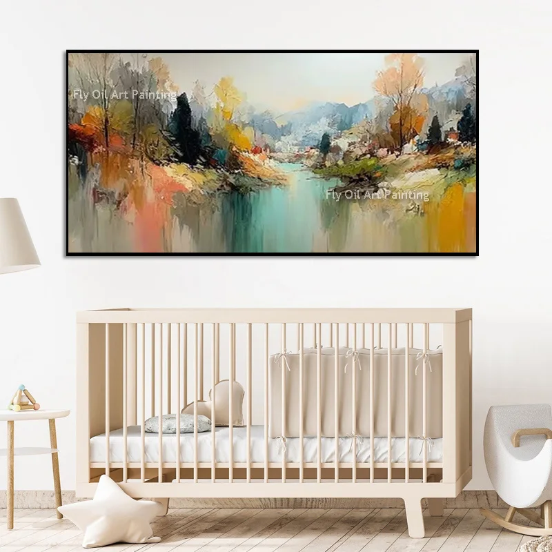Thick Texture Hand Painted Green River Blue Mountain Landscape Oil Painting Fall Forest Scenery Wall Art Decor Canvas As Gift