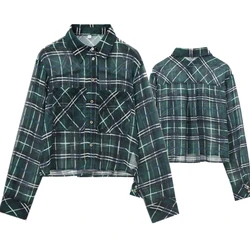 Maxdutti 2024 Autumn Green Plaid Shirt Women Fashion Ladies High Street Checked Shirt Blouse Women Tops