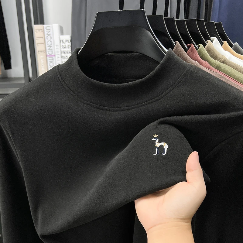 

Long Sleeved T-shirt Men's Velvet Sweatshirt 2025 New Semi High Neck Solid Color Versatile Top Base Shirt