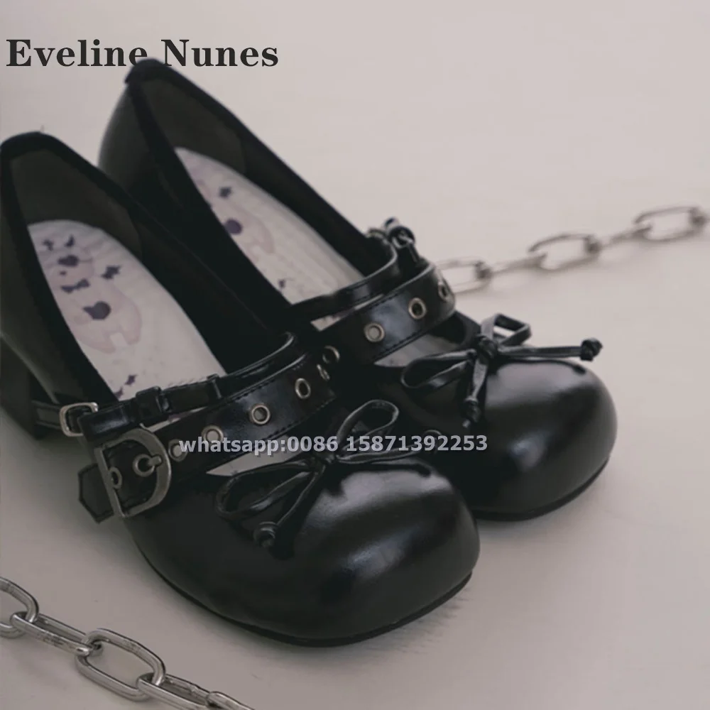 Bow Belt Buckle Shallow Lolita Pumps Round Toe Chunky Heels Buckle Strap Mary Janes Sweet Cool Style Spicy Girl Casual Shoes