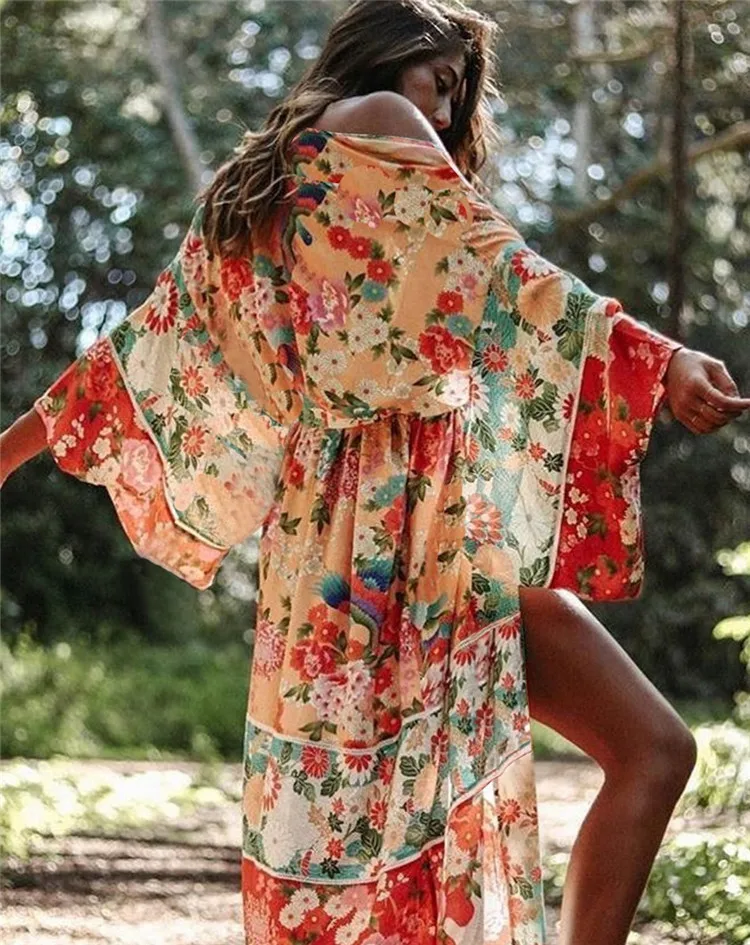 Floral Print Women\'s Bathrobe Summer Thin Chiffon Ladies Dressing Gown Loose Beach Wear Kimono With Sashes For Female 2024