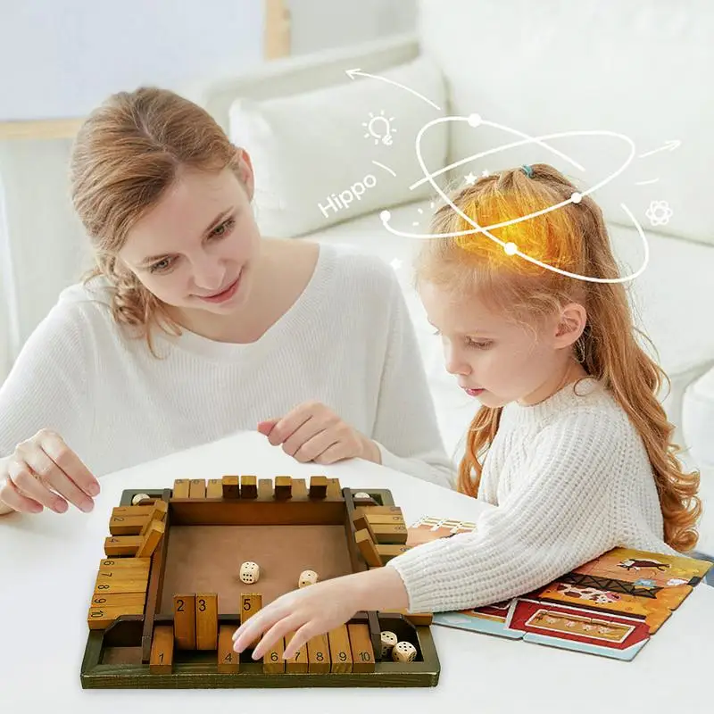 Wooden Dice Board Game set Shut The Box for 4 Players Flaps & Dices Game Parent-children Interaction Family Entertainment