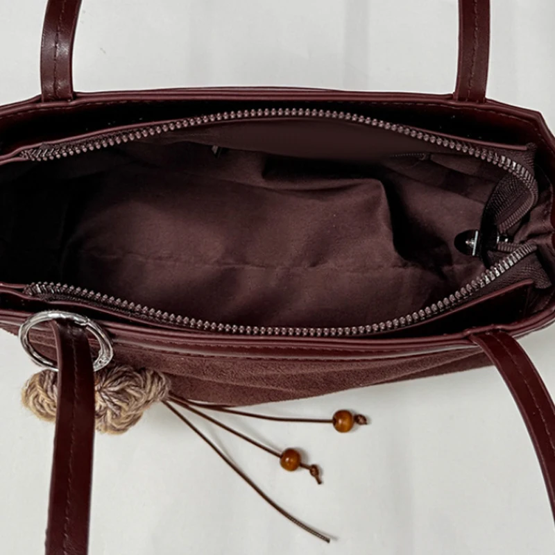 Vintage Suede Shoulder Bag Faux Leather Splicing Small Tote Bag Zipper Closure Simple Retro Handbag For Daily Dating Street Wear