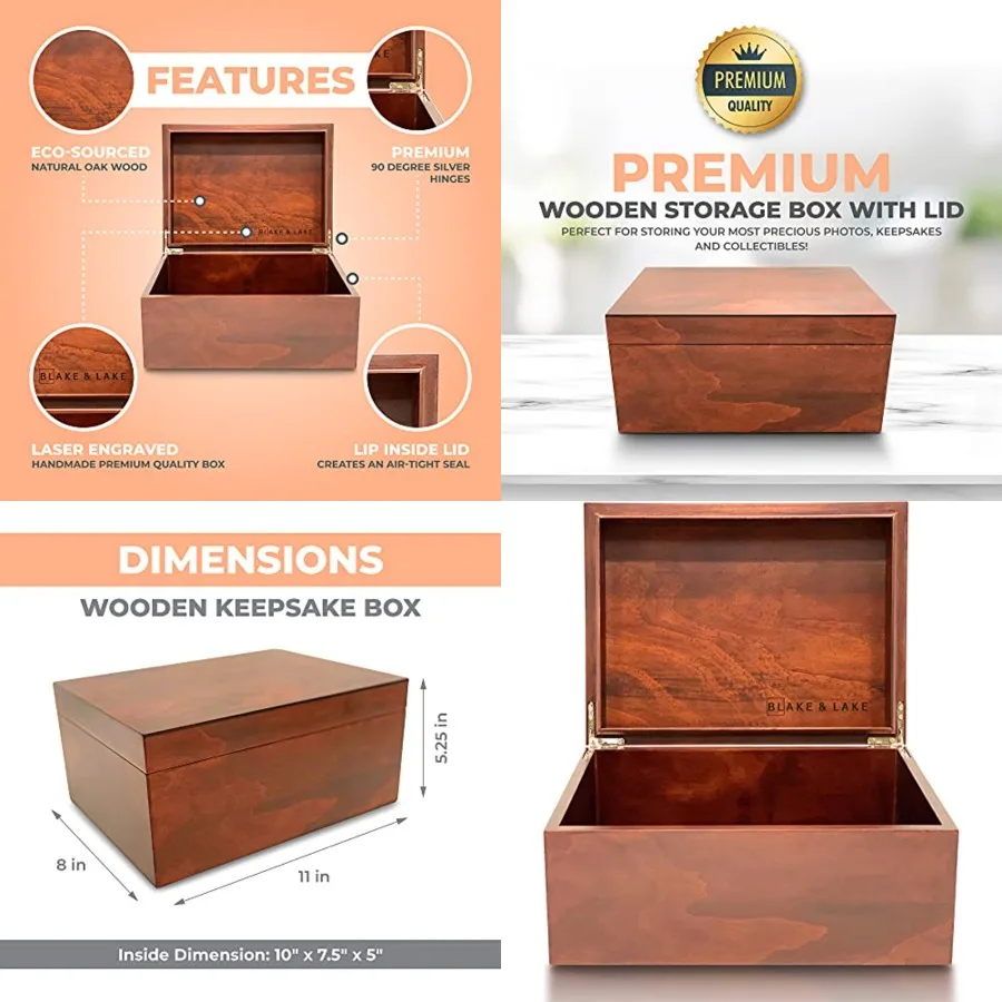 

Large Box with Hinged Lid - Wood Storage Box with Lid - Wooden Keepsake Decorative boxes with lids