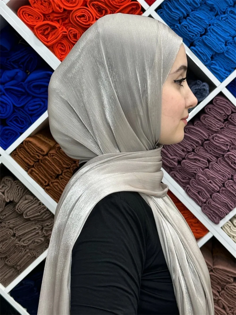 Eskü organza 70*175 Centiméter maxi Szatén khimar Aba Dubaj Arábiai Iszlám muszlin Állott ízetlen Nők Csillámlás Hidzsáb Turbán hijabs musulmans Nő