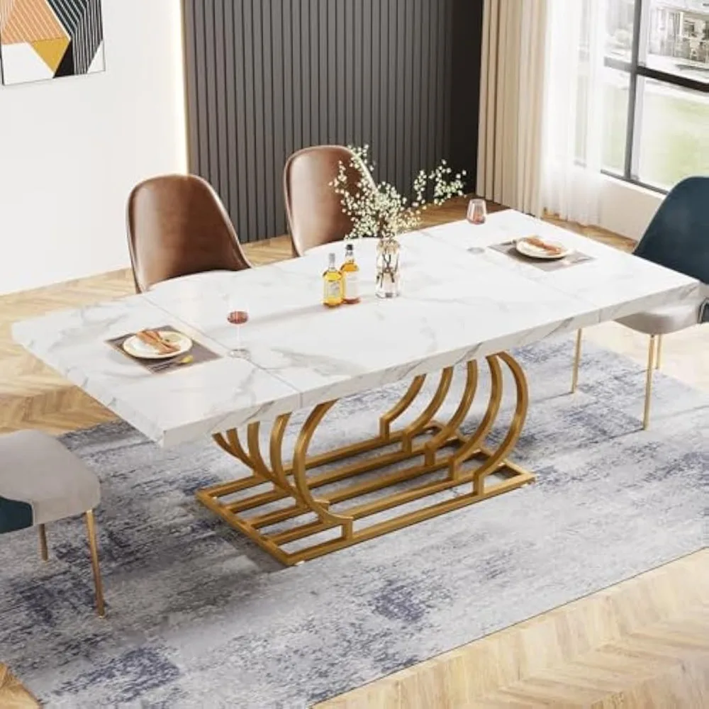 Mesa de comedor de 70,9 "para 6 personas, mesa de comedor blanca con chapa de mármol de imitación, Marco geométrico para Cocina