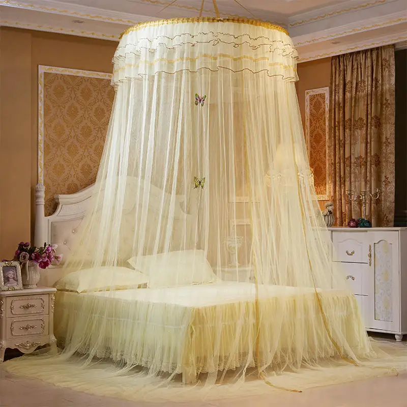 No-Install round Top Ceiling Mounted Mosquito Net Extra Tall Floor Standing Princess Court round Bed Curtain Easy Setup