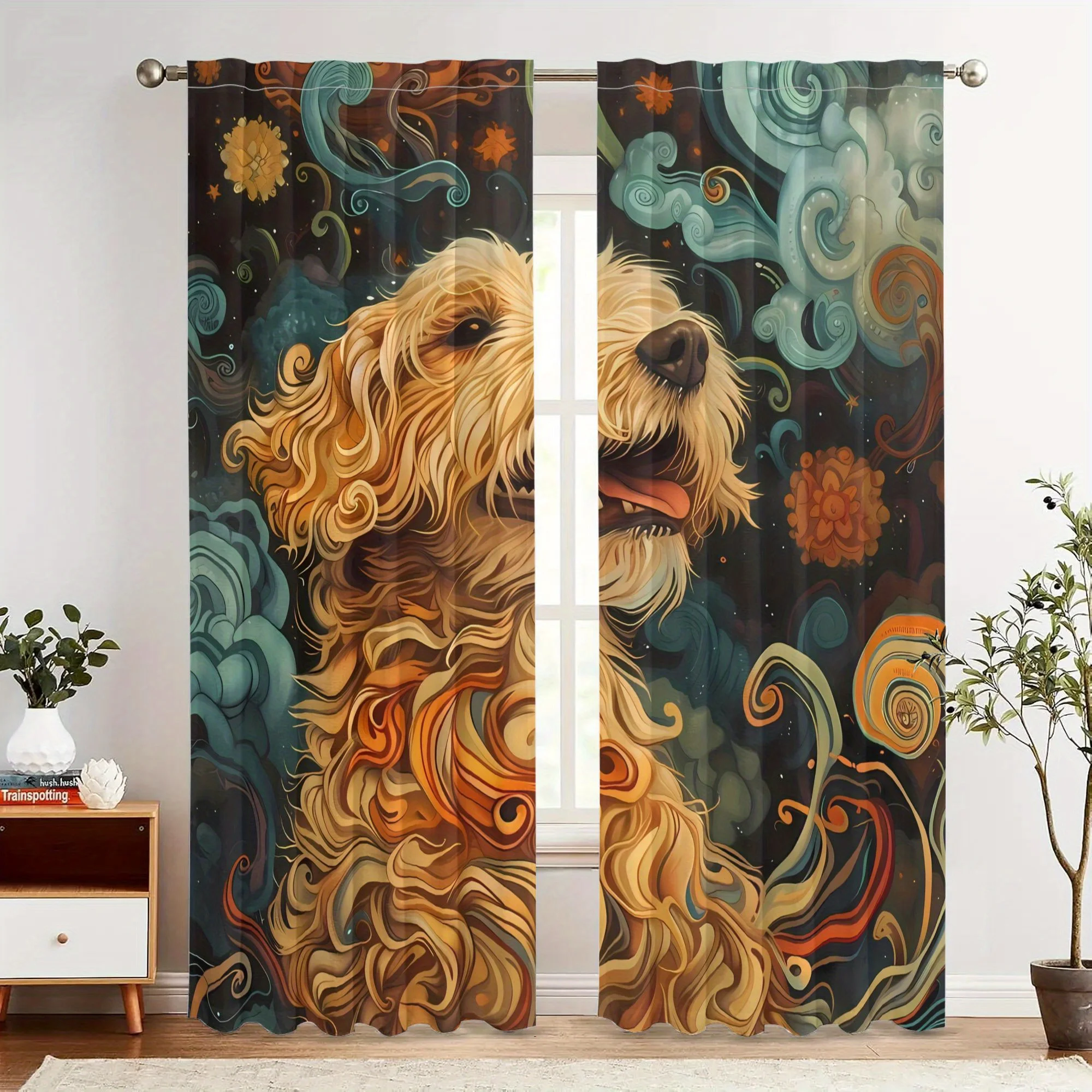 Happy Golden Retriever Dog Print Drapes - Colorful Space-Inspired Design Featuring Planets & Stars, Light-Blocking Drapes for Th
