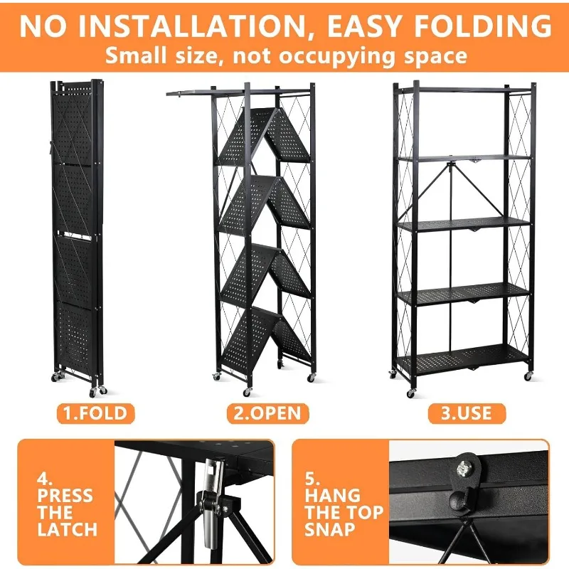 5 Tier Storage Shelf with Wheels - Metal Collapsible Shelving Unit Display, Heavy Duty Folding Shelves, No Assembly Organizer