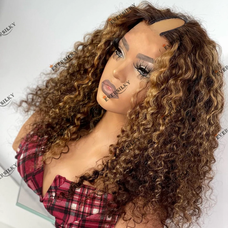 Kinky Curly Honey Blonde Human Hair Machine Made Highlight Color U Part Wig Black Women Easy Install 180 Density V Part Wig Clip