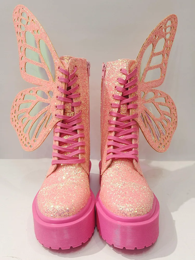 2023New Women Sequined Short Boots Platform Pink Thick Rubber Sole Ankle Botas Butterfly Wings Prom Riding Botines Femininos