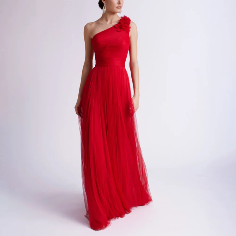 Elegant Mother of the Bride Dress One Shoulder Red Tulle Wedding Guest Gowns for Women 3D Flowers Column Formal Evening Dresses
